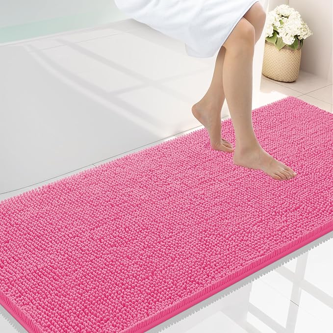 Smiry Luxury Chenille Bathroom Rugs 59x24, Extra Soft and Absorbent Shaggy Bath Mat, Machine Washable, Non-Slip Plush Carpet Runner for Tub, Shower, and Floor, Home Decor Accessories, Hot Pink