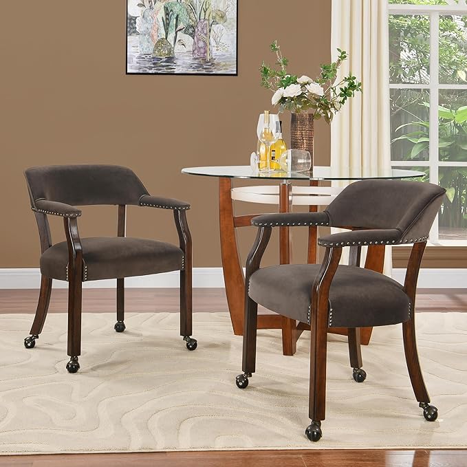 MODERION Dinning Chairs with Wheels and Arms Set of 2, Solid Wood Office Desk Chairs with Frosted Velvet Upholstered, Classic Swivel Accent Chairs,31.5" H Boss Caption's Chair for,Taupe XXY-HT22-WG-2