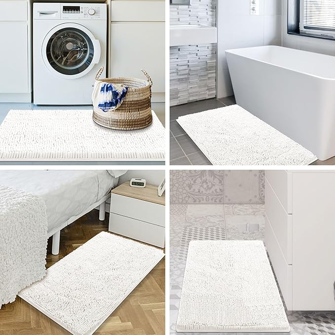 Smiry Luxury Chenille Bathroom Rugs 30x20, Extra Soft and Absorbent Shaggy Bath Mat, Machine Washable, Non-Slip Plush Carpet Runner for Tub, Shower, and Floor, Home Decor Accessories, Ivory