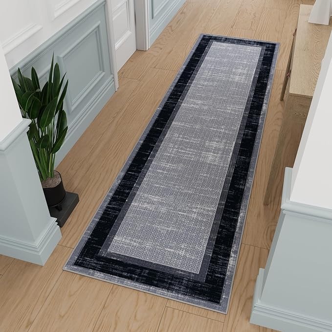 Ottomanson Hallway Runner Rug 2'7" x 9'10" Non Slip Border Area Rugs Easy to Clean Laundry Rug Runner Durable & Pet Friendly Floor Carpet Runners for Hallways Entryway Living Room Kitchen, Gray/Navy