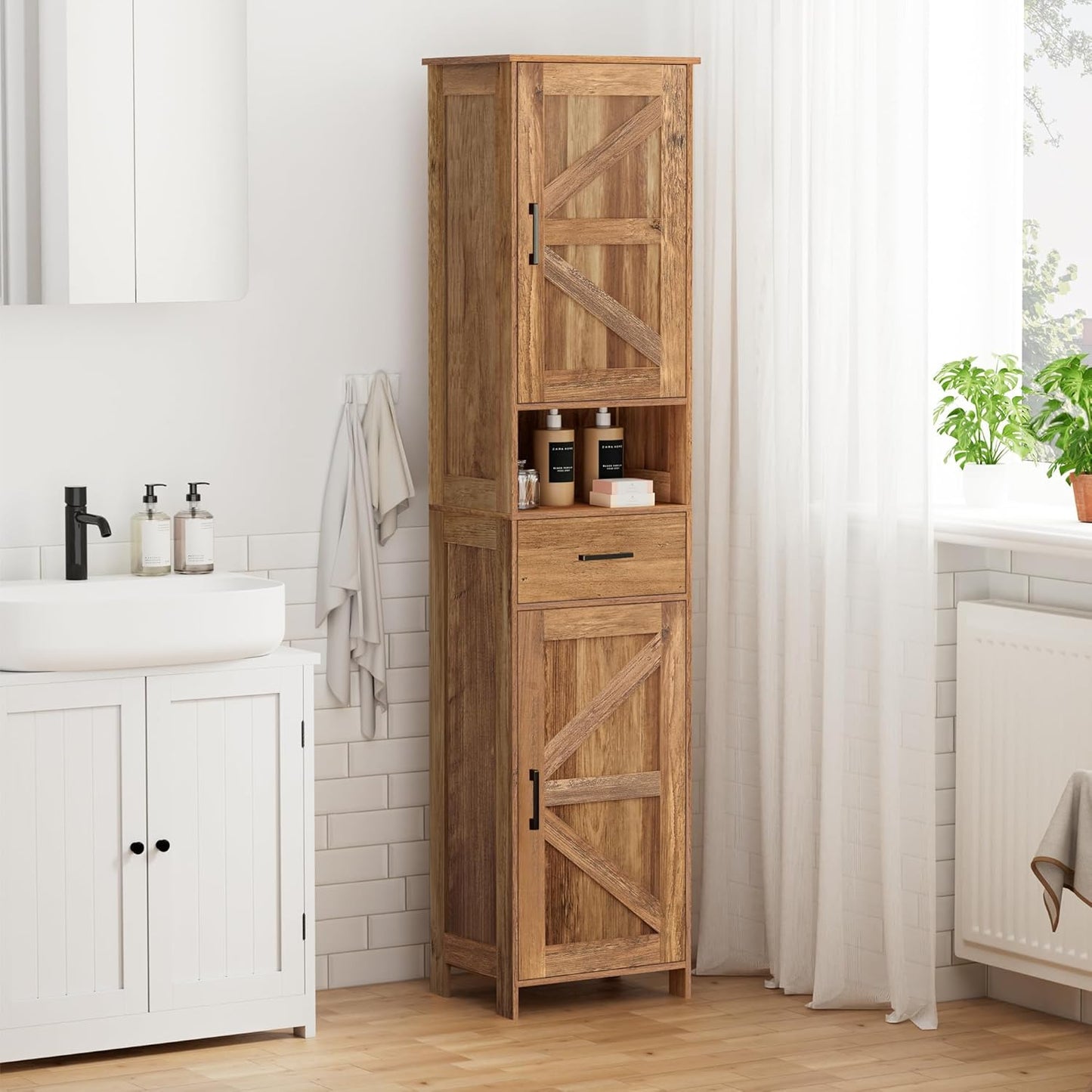 Homhedy 67" H Tall Bathroom Storage Cabinet with 2 Barn Doors and 1 Drawer, Narrow Storage Unit, Adjustable Shelves, Floor Cabinet for Bathroom, Living Room, Entryway, Kitchen, Rustic Walnut, (15.7"W)