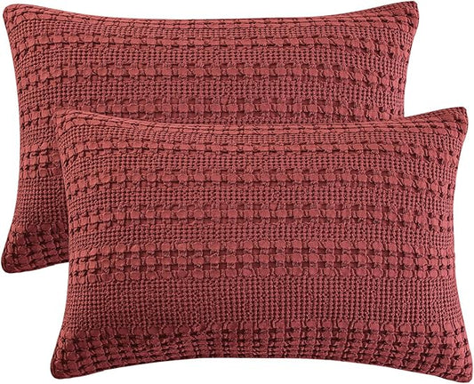 PHF Waffle Weave Pillow Shams Queen Size, 2 Pack 100% Cotton Pillowcases 20" x 30", No Insert, Soft & Breathable Aesthetic Woven Pillow Case Covers for Bedroom Decor, Wine Red
