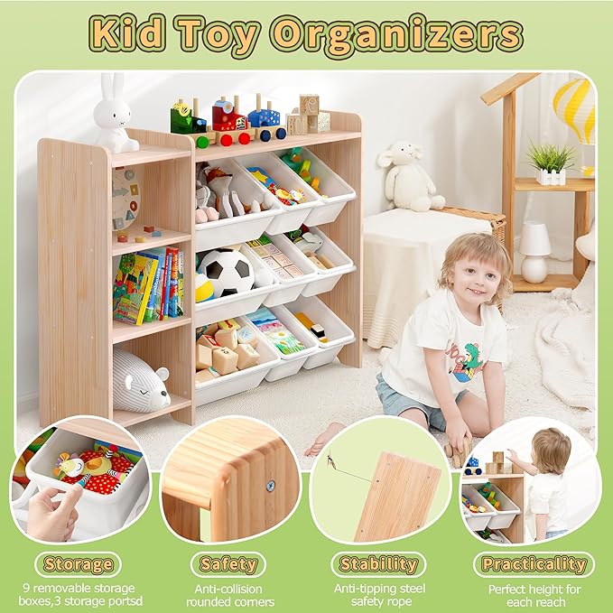 MallBest 4-Tier Kids' Toy Storage Organizer Shelf - 100% Solid Wood,Children's Storage Cabinet with 9 Plastic Bins and and 3 Storage Ports (Varnish-Single Color)