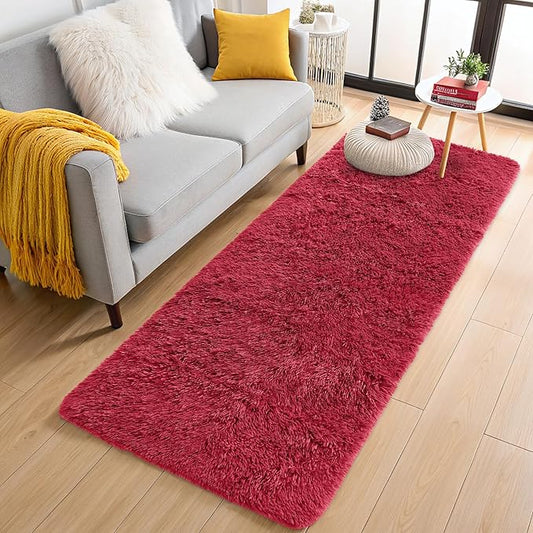 OLANLY 2x8 Machine Washable Runner Rugs for Hallway, Soft Fluffy Shaggy Bedside Rugs for Bedroom, Living Room, Indoor Floor Carpet for Kids Girls and Boys, Nursery Rooms, Home Decor Aesthetic, Red