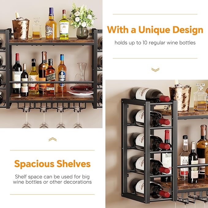 Wall Mounted Wine Rack, Bottle & Glass Holder, Wood & Metal Wine Shelf Storage with Top Enclosure, Heavy Duty Bar Decor for Home, Kitchen, Bar (31.9" x 9.8" x 19.7")