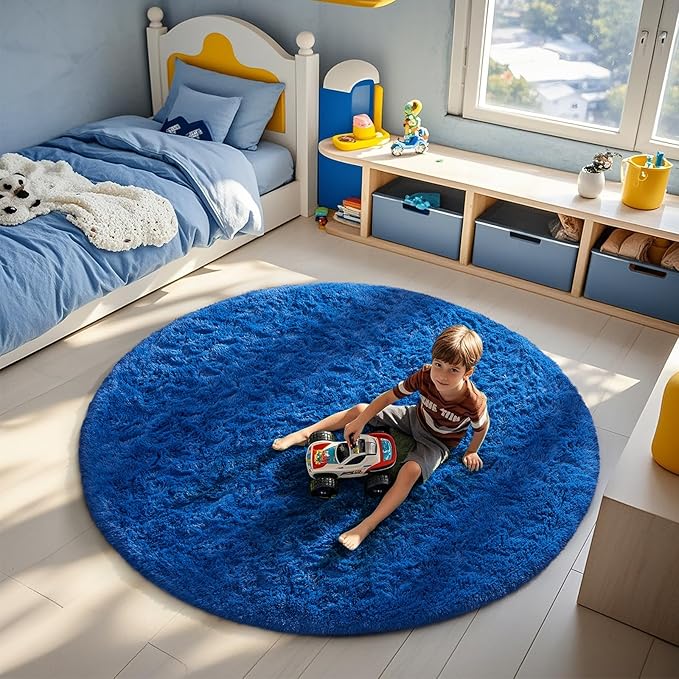 Ophanie Round Rug 6Ft Blue Circle Area Rug, Boys Room Decor, Fluffy Fuzzy Bedroom Carpet, Plush Soft Shaggy Living Room Rugs for Kids Home Decor Aesthetic, Nursery