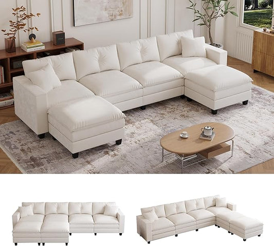 137",U Shaped Couch,Modern Modular Sectional Sofa, 4-Seater Comfy Cloud Couch with Two Movable Ottoman & Throw Pillows for Living Room, Bedroom and Apartment, Beige