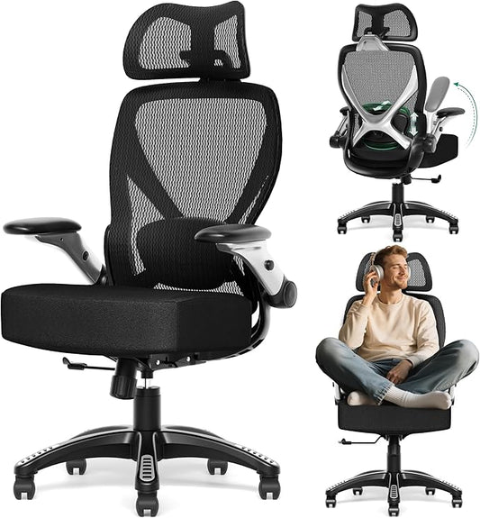 GABRYLLY Ergonomic Office Chair, Home Mesh Desk Chair with Adjustable Lumbar Support, 5D Arms & Wide Seat, 135° Recline Big and Tall Computer Chairs for Work Gaming, Heavy Duty,300LBS