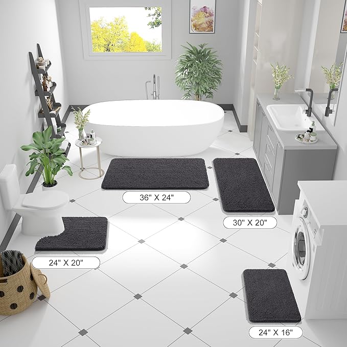 OLANLY Bathroom Rugs 45x27, Extra Soft Absorbent Chenille Bath Rugs, Rubber Backing Quick Dry, Machine Washable Bath Mats for Bathroom Floor, Tub and Shower, Home Decor Accessories, Dark Grey