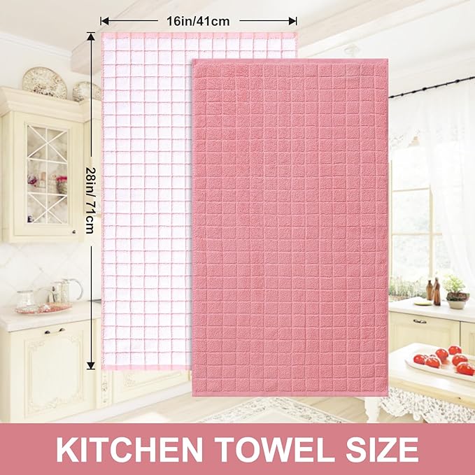 Homaxy Premium Cotton Kitchen Towels 16"x 28", Large Natural Ring Spun 390 GSM Dish Towels, Super Absorbent Terry Kitchen Hand Towels, Soft Tea Towel with Hanging Loop, Pink Check Design, 8 Pack