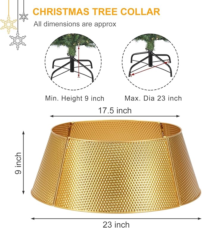 SUNNYPARK Metal Christmas Tree Collar Decoration, 23’’D Golden Christmas Tree Ring with Rhomboid-Patterned Basket Base Cover - Golden
