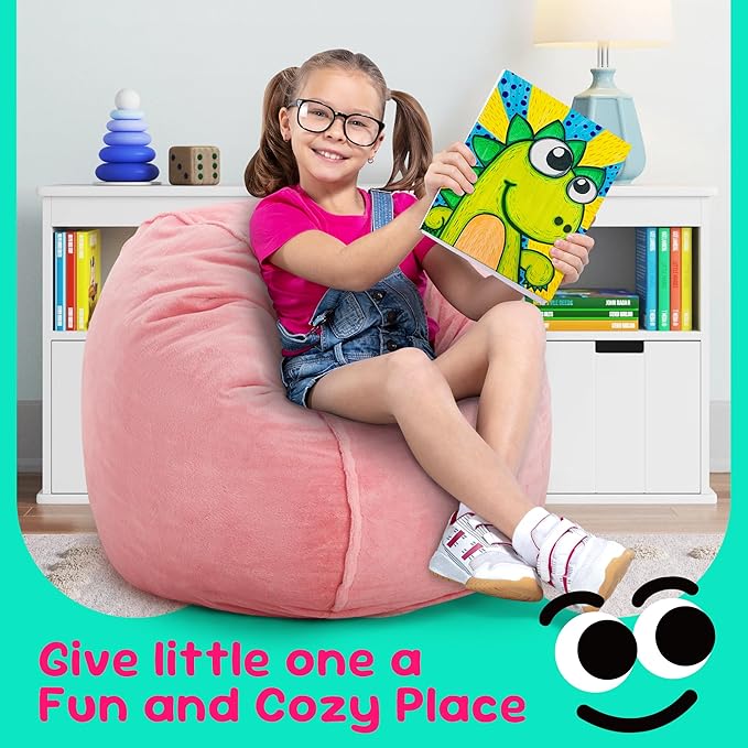 Hobestluk Bean Bag Chairs 2.5FT Beanbag Chair with Plush Faux Fur Cover Memory Foam Bean Bags, Small Bean Bag Chair for Living Room Bedroom, Playroom (Pink)