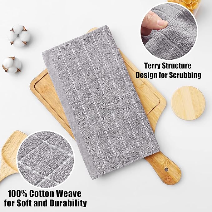 Homaxy 100% Cotton Terry Kitchen Dish Cloths, Ultra Soft and Absorbent Dish Towels for Kitchen, Suitable for Drying and Washing Dishes, 6 Pack, 12 x 12 Inches, Light Grey