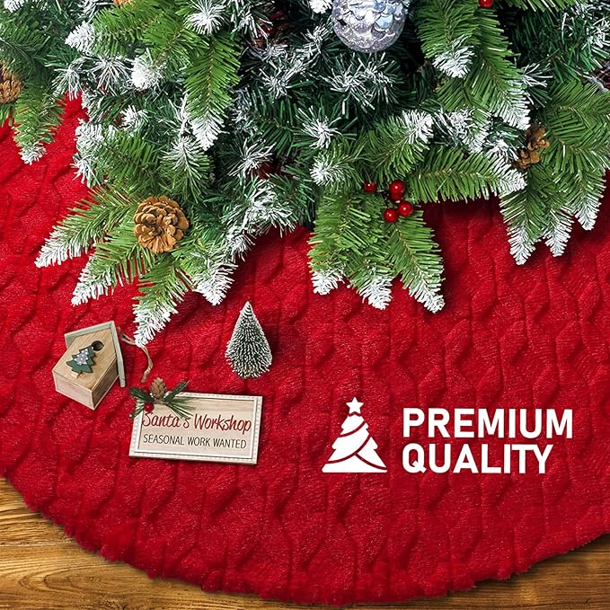 Christmas Tree Skirt 48 inches Faux Fur White Christmas Tree Skirt for Christmas Tree Decorations Winter Holiday Home Christmas Party Ornaments (Red/Diamond)