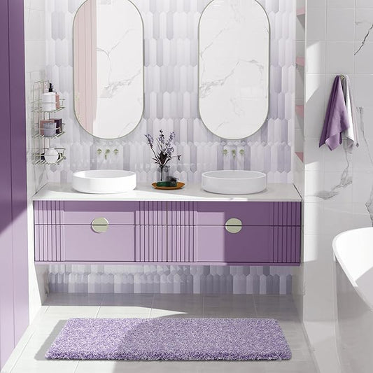Yimobra Luxury Bathroom Rugs, Fluffy Bath Mats, Non Slip, Water Absorbent Microfiber, Machine Washable, Plush Runner Carpet Shower Rugs, Thick Matts for Bathroom Floor&Tub, 44"x 24", Purple and White