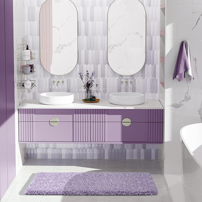 Yimobra Luxury Bathroom Rugs, Fluffy Bath Mats, Non Slip, Water Absorbent Microfiber, Machine Washable, Plush Soft Runner Shower Rugs, Thick Matts for Bathroom Floor&Tub, 47"x 24", Purple and White