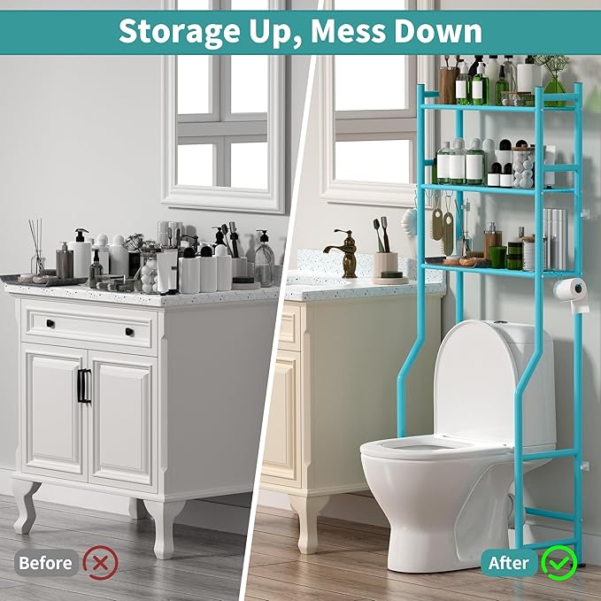 3-Tier Over The Toilet Storage with Paper Holder, Metal Bathroom Organizers and Storage for Small Space, Freestanding Bathroom Shelves with 4 Hooks, Above The Toilet Storage Shelf, Blue