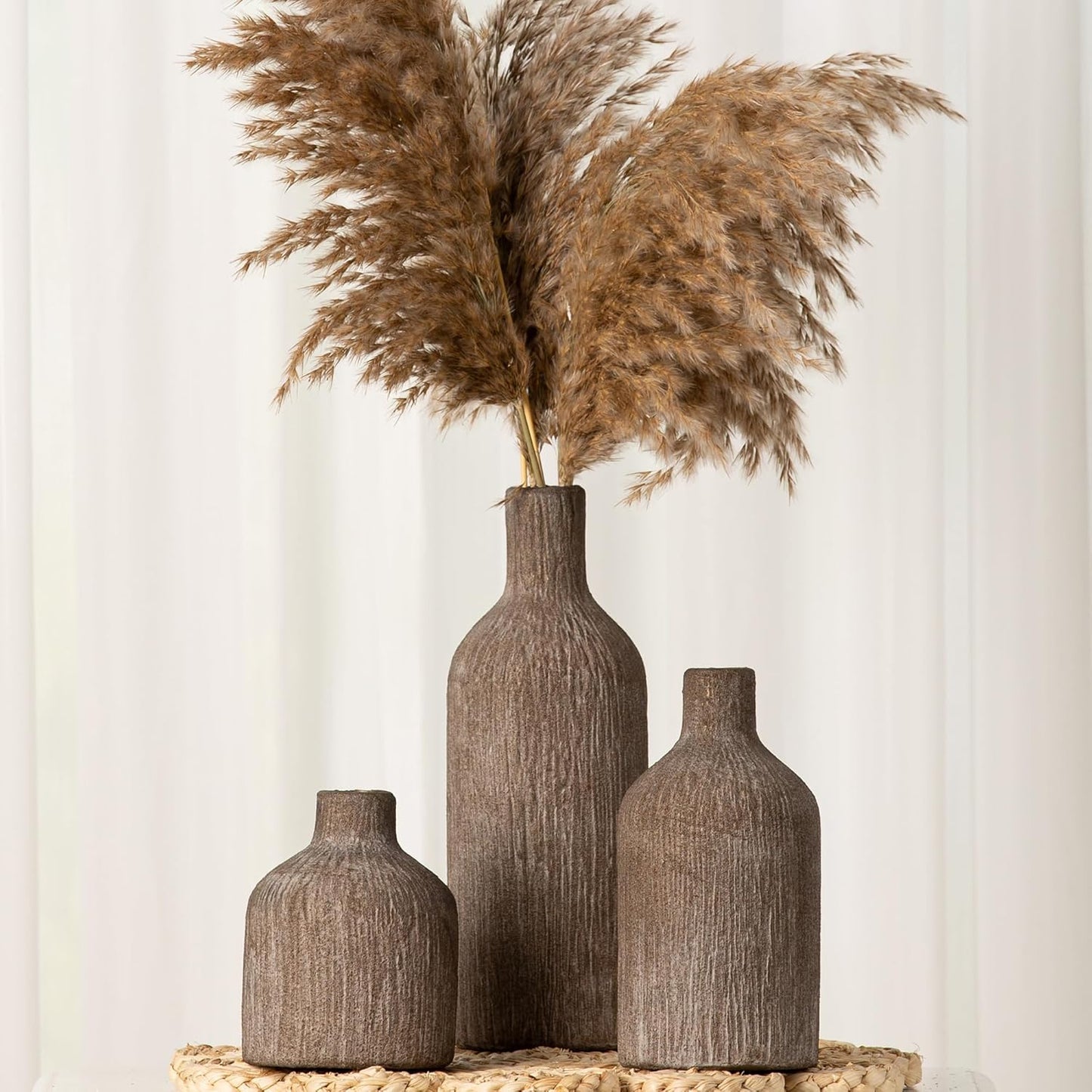 Ceramic Vase Home Table Decor - Brown Flower Vase Set of 3 Living Room Kitchen Decorations Farmhouse Modern Rustic Vases Decorative Centerpiece for Shelf Bedroom Office Bathroom Dining Coffee Desk