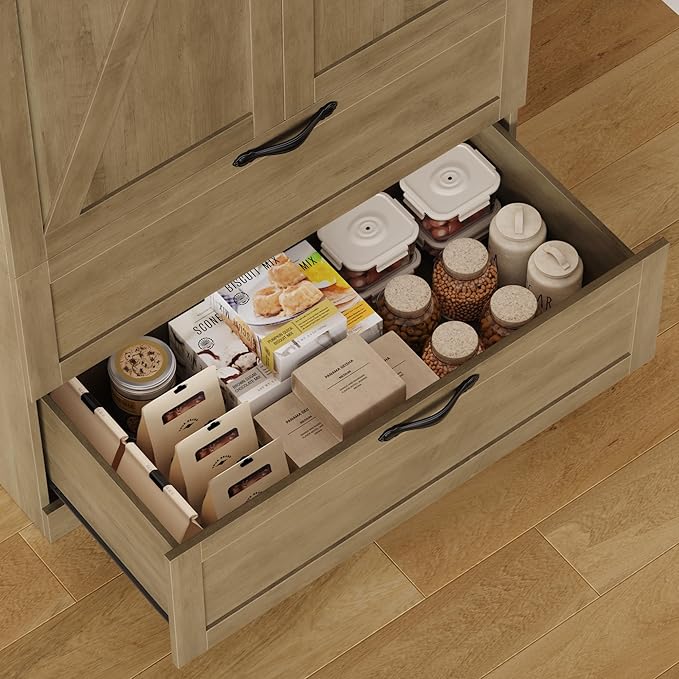 HOSTACK 70" Tall Kitchen Pantry Storage, Barn Doors Pantry Cabinet with Drawers and Adjustable Shelf, Modern Farmhouse Storage Cabinet for Kitchen, Dining Room, Living Room, Bathroom, Rustic Brown