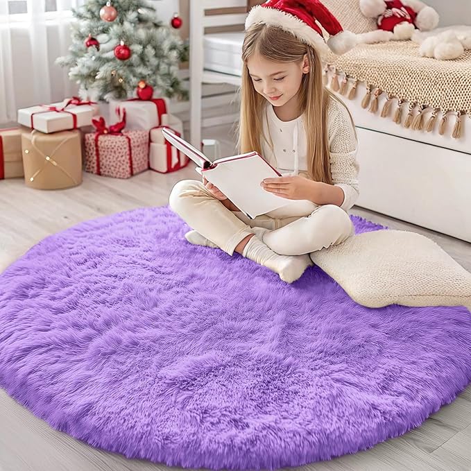 OLANLY Purple Round Rugs for Bedroom - Machine Washable, 4 ft Circle Area Rugs for Living Room, Soft and Fluffy Shaggy Carpet for Teen Girls and Boys, Nursery Rooms, Dorms, Home Decor Aesthetic