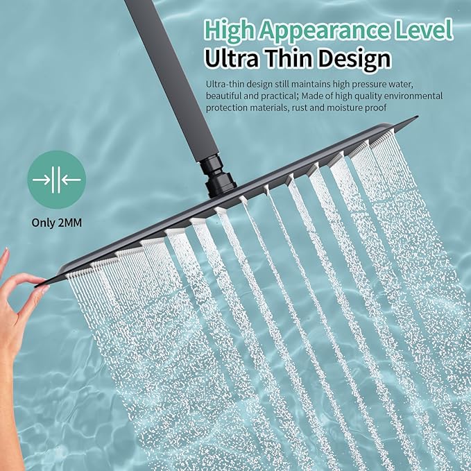 SR SUN RISE Luxury 16 Inch Extra Large Square Stainless Steel Shower Head High Pressure Rainfall Showerhead Ultra Thin Water Saving Matte Black 2.5 Gpm