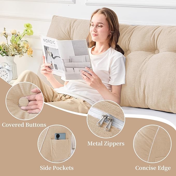 Sasttie Headboard Pillow Full, Wedge Pillow Headboard for Sitting Up in Bed, Back-Rest Support Triangular Cushion for Reading - Features Removable Washable Cover, Beige