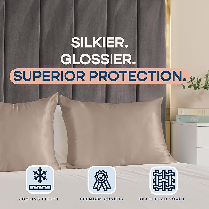 Satin Pillowcase with Zipper, for Hair and Skin Care, Feels Soft and Cool Like a Silk Pillowcase, Satin Pillow Cases 2 Pack, Slik Pillow Cover, Pewter, Standard Size -Set of 2