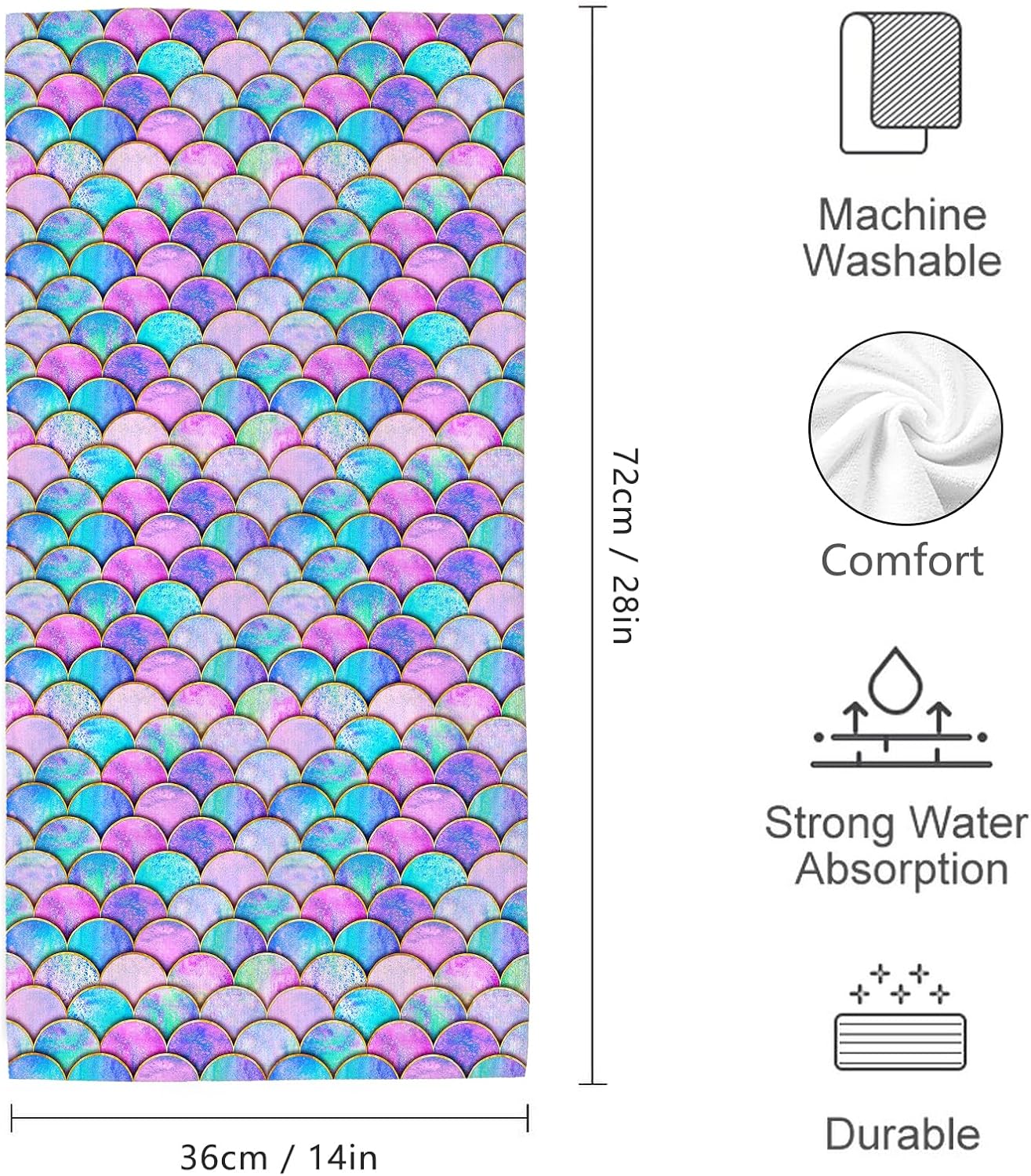 Cute Mermaid Scales Decorative Bath Hand Towels for Bathroom Set of 2, 14x28 Inch Rainbow Bathroom Hand Towels for Yoga Swim Hotel Spa Home Bathroom Decor