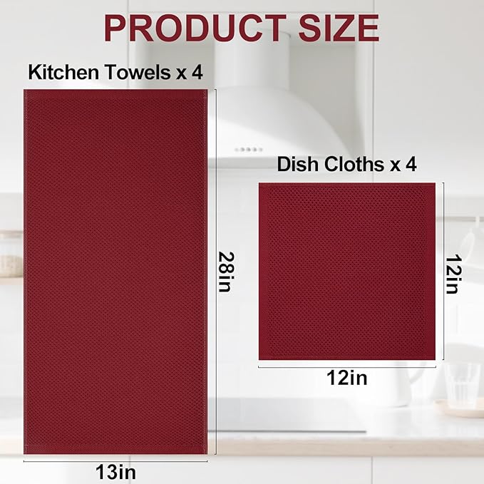 Homaxy 100% Cotton Kitchen Towels and Dishcloths Set, 12 x 12 Inches and 13 x 28 Inches, Set of 8 Bulk Kitchen Towels Set, Ultra Soft Absorbent Dish Cloths for Washing Dishes, Burgundy