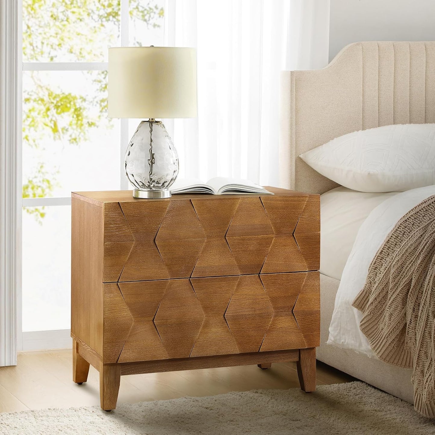 HULALA HOME Wood Nightstand with Charging Station 2 Drawer Dresser with Wooden Legs Mid Century Modern Bedside French Style End Table for Bedroom, Seadrift