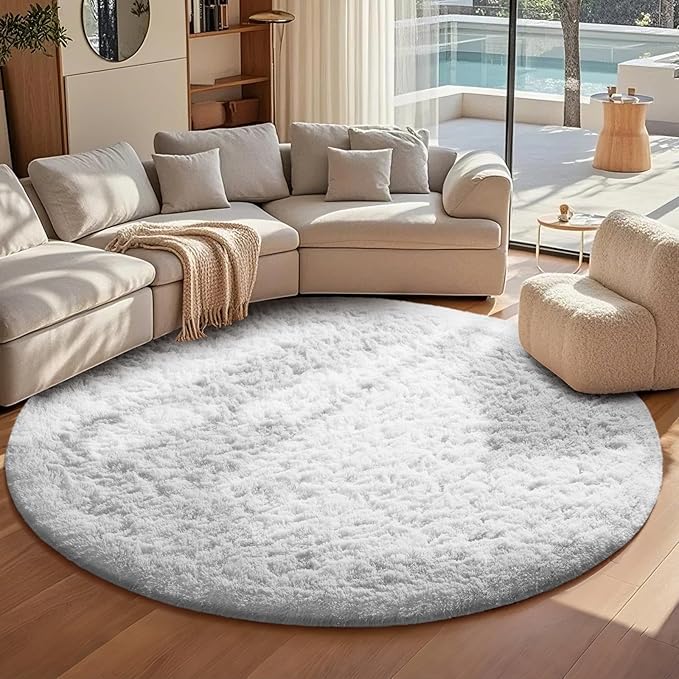 Ophanie Round Rug 8Ft White Circle Area Rug, Aesthetic Room Decor, Fluffy Fuzzy Bedroom Carpet, Plush Soft Shaggy Living Room Rugs for Kids Home Decor, Nursery
