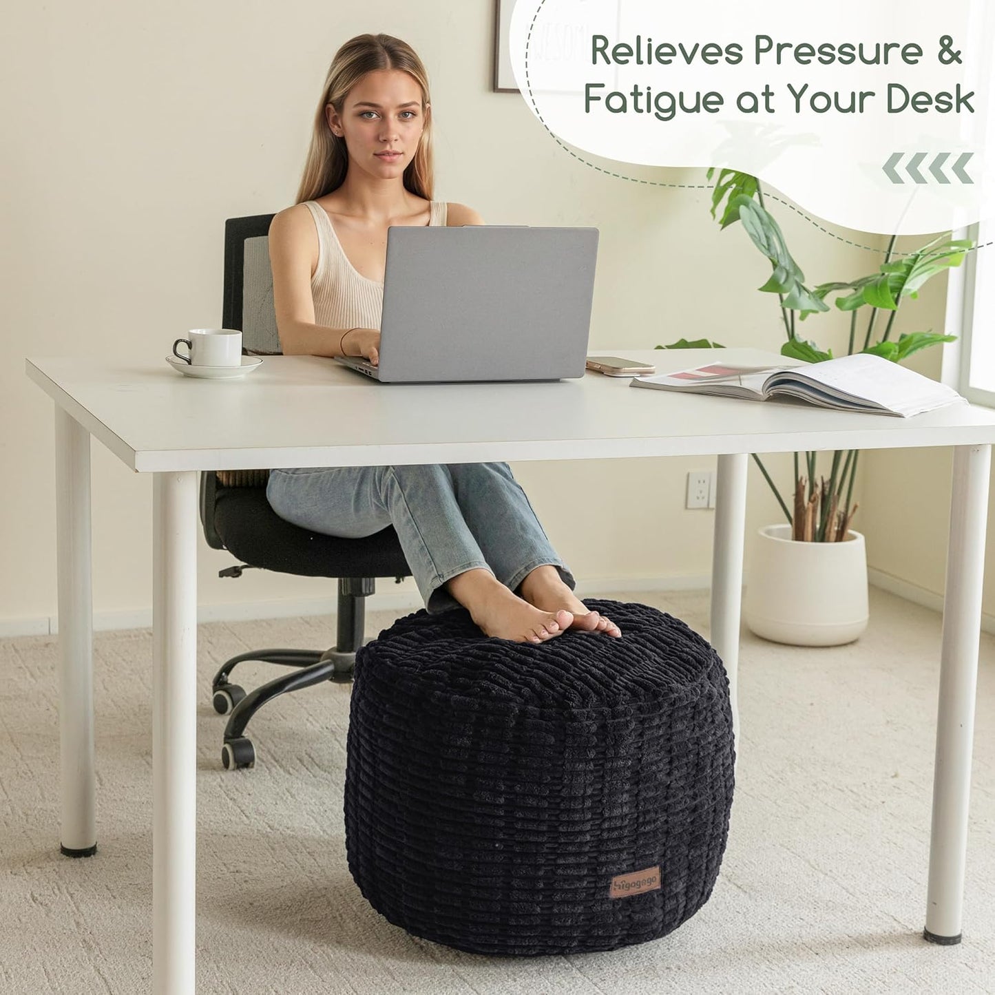 HIGOGOGO Pouf Ottoman Stuffed Round Modern Foam Filled Foot Rest Poufs for Living Room Chair Decorative 26 X 18 Inches Boho Relax Stool for Wedding Christmas Party, Black