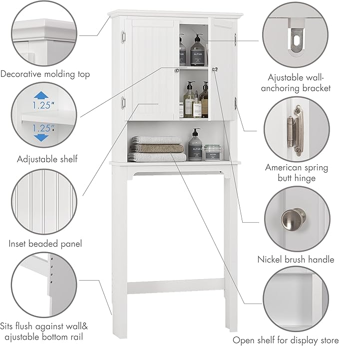 UTEX Over The Toilet Storage Cabinet, Over Toilet Bathroom Organizer with Adjustable Shelves and Double Doors, White