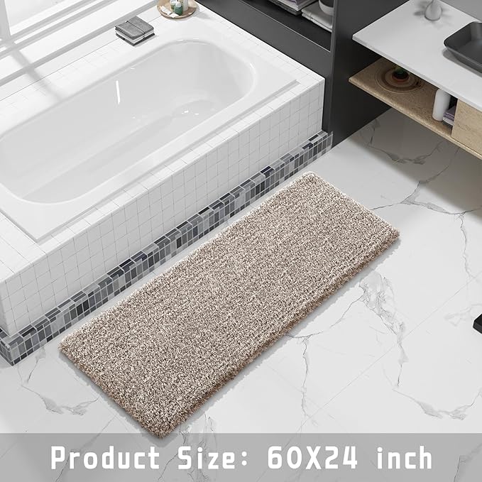 Yimobra Luxury Bathroom Rugs, Fluffy Bath Mats, Non Slip, Water Absorbent Microfiber, Machine Washable, Plush Runner Shower Rugs, Thick Matts for Bathroom Floor&Tub, 60"x 24", Light Brown and White