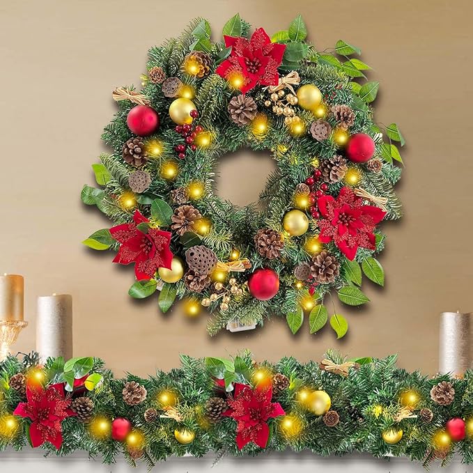 WANNA-CUL Pre-lit 6 Feet Christmas Garland with Lights for Front Door, Red Gold Ligthed Christmas Mantel Garland Decoration with Ball Ornaments,Dry Lotus, Battery Operated 30 LED