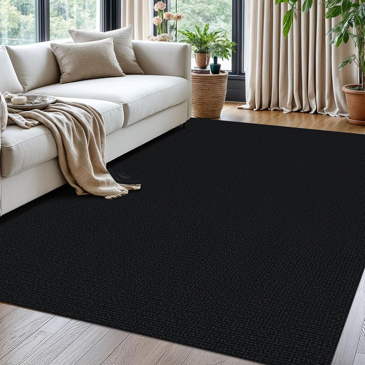 KOZYFLY Washable Area Rug for Living Room 5x7 Ft Non Slip Rubber Backed Bedroom Rug Braided Cotton Dining Room Rug, Floor Carpet for Living Room Dining Room Bedroom, Black