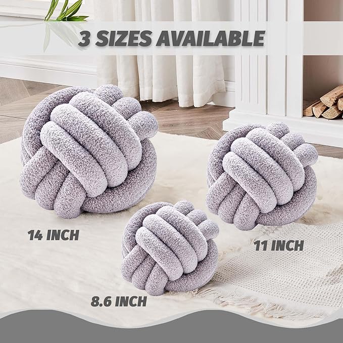 Uvvyui Knot Pillow Ball, Soft Home Decorative Pillows, Round Throw Pillow, Handmade Knotted Plush Pillow, Round Boucle Pillow Cushion (11 Inches Light Grey)