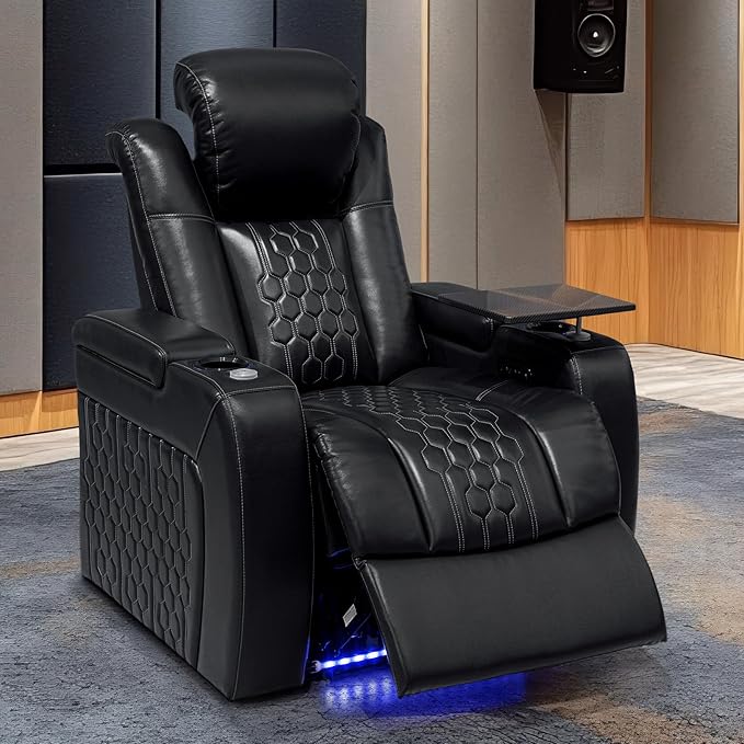 Home Theater Seating, Living Room, Powered Headrest, Powered Lumbar, Italian Leather, Powered Recline, Single Recliner (Black, Row of 1)