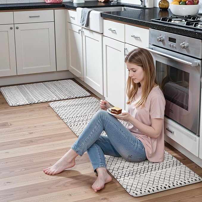 KIMODE Kitchen Mats 2PCS,Anti Fatigue Geometric Kitchen Rugs,Non Slip Waterproof Kitchen Mats for Floor,Cushioned Comfort Foam Standing Desk Mat for Home, Office, Sink,Laundry,Black and White