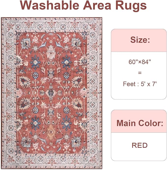 Vasofe 5x7 Rug for Bedroom, Washable Living Room Rugs for Dining Room, Red Indoor Floor Mat, Vintage Floral Mats for Home Decor, Farmhouse, Laundry Room, Non Slip Low Pile Soft Modern Carpet