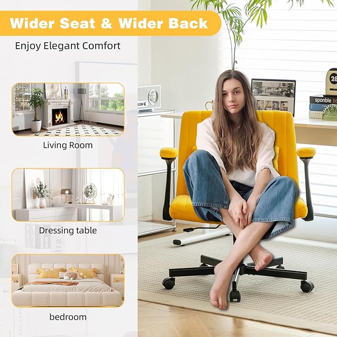 Furnimart Criss Cross Desk Char Wide Seat with Wheels and Arms, 360° Swivel Cross Legged Desk Chair Thick Cushion, Velvet Comfy Armless Home Office Chair for Bedroom, Vanity, Sturdy (Yellow)