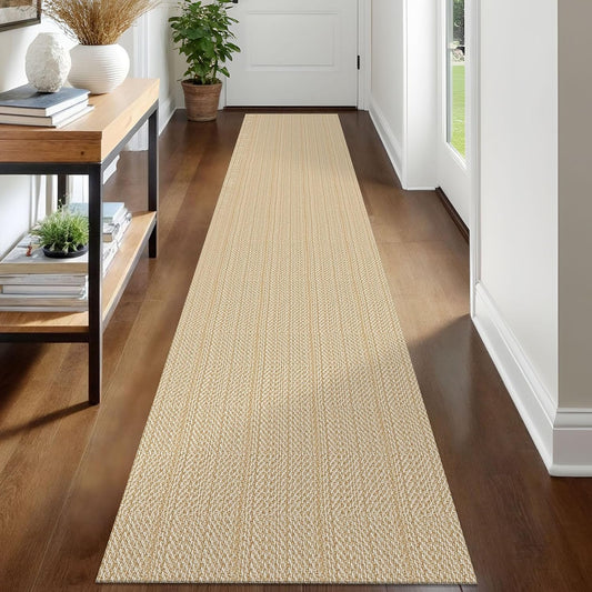 IOHOUZE Washable Runner Rug 2x12 Non Slip Rubber Backed Extra Long Hallway Runner Entryway Runner Indoor, Kitchen Rug Woven Cotton Carpet for Hall Entrance Stair, Warm Beige/Orange/Apricot