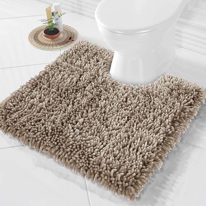 Yimobra Toilet Rugs U Shaped Washable, Extra Thick Soft Absorbent Chenille Contour Bathroom Rugs for Toilet 24x24 Inch, Quick Dry Non Slip Toilet Mat for Bath Floor, Camel