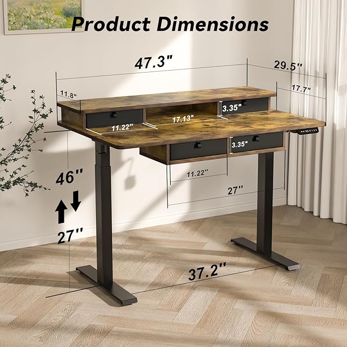 Adjustable Height Standing Desk with 4 Drawers,48 x 30 inches Electric Sit Stand Home Office Desk with Two Tiers, 3 Memory Presets, Monitor Stand Riser, USB A/C Charging Port