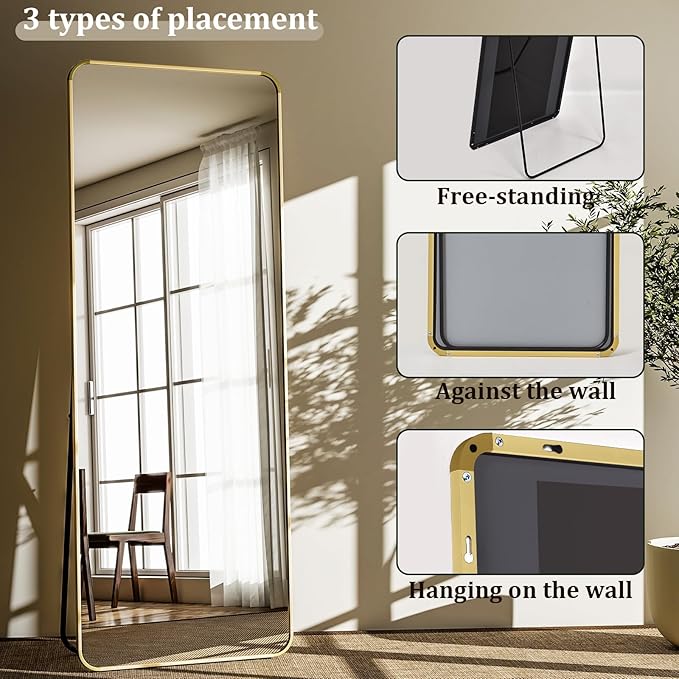 Round Corner Mirror Full Length, 66" x 23" Floor Mirror with Stand, Matte Aluminum Alloy Frame Full Body Mirror, Standing Hanging or Leaning for Bedroom and Living Room, Gold