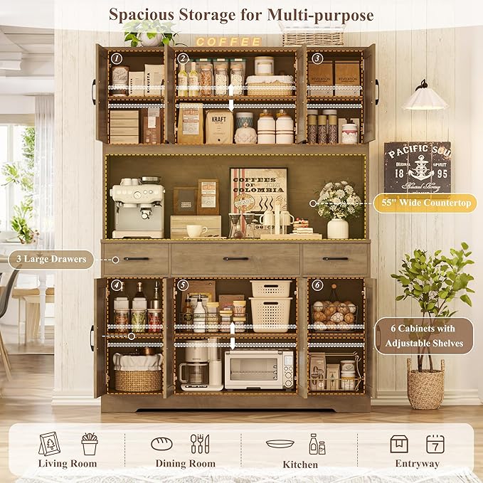 HOSTACK 71" Tall Kitchen Pantry Storage Cabinet with Charging Station, 55" Wide Kitchen Hutch Cabinet with Large Countertop, Farmhouse Food Pantry with Drawers for Living Room (Rustic Brown)