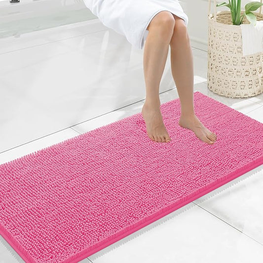 Smiry Luxury Chenille Bathroom Rugs 47x20, Extra Soft and Absorbent Shaggy Bath Mat, Machine Washable, Non-Slip Plush Carpet Runner for Tub, Shower, and Floor, Home Decor Accessories, Hot Pink