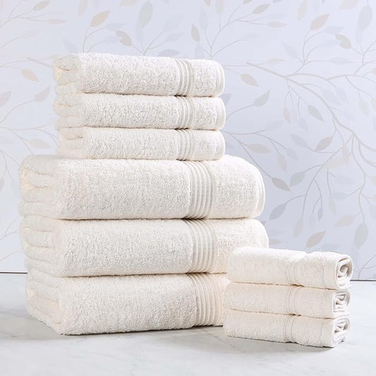 Superior Egyptian Cotton 9-Piece Towel Set, Assorted Towels for Home Bathroom, Guest Bath Decor Essentials, Includes 3 Bath, 3 Hand, 3 Face Towels/Washcloths, Quick Dry, Absorbent - Ivory