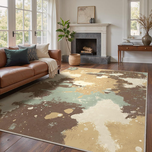 Area Rugs 8x10 for Living Room Bedroom, Modern Splash Abstract Machine Washable Rug, Large Soft Low Pile Floor Cover with Non Slip Backing for Dining Room, Green/Brown