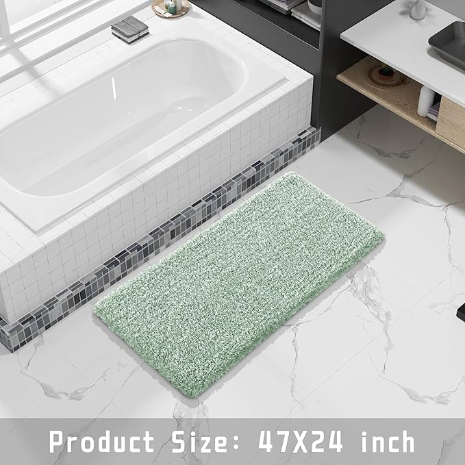 Yimobra Luxury Bathroom Rugs, Fluffy Bath Mats, Non Slip, Water Absorbent Microfiber, Machine Washable, Plush Runner Shower Rugs, Thick Matts for Bathroom Floor&Tub, 47"x 24", Light Green and White